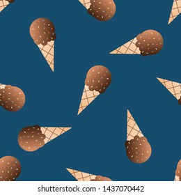 Chocolate ice cream seamless pattern vector illustration. Ice cream ball in a waffle cup seamless background, pattern for textile, fabric, wrapping paper, wallpaper, packaging. Vector EPS 10.