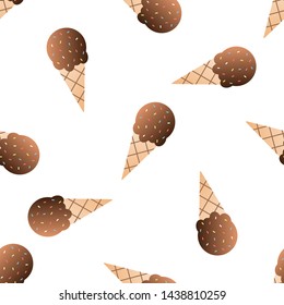 Chocolate ice cream seamless pattern vector illustration. Ice cream ball in a waffle cup seamless background, pattern for textile, fabric, wrapping paper, wallpaper, packaging. Vector EPS 10.