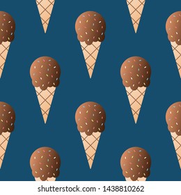 Chocolate ice cream seamless pattern vector illustration. Ice cream ball in a waffle cup seamless background, pattern for textile, fabric, wrapping paper, wallpaper, packaging. Vector EPS 10.