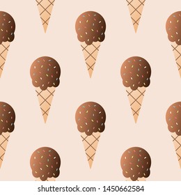 Chocolate ice cream seamless pattern vector illustration. Ice cream ball in a waffle cup seamless background, pattern for textile, fabric, wrapping paper, wallpaper, packaging. Vector EPS 10.