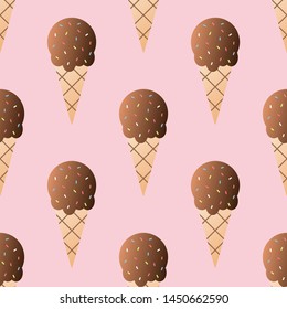 Chocolate ice cream seamless pattern vector illustration. Ice cream ball in a waffle cup seamless background, pattern for textile, fabric, wrapping paper, wallpaper, packaging. Vector EPS 10.