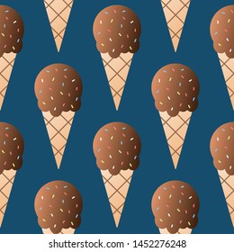 Chocolate ice cream seamless pattern vector illustration. Ice cream ball in a waffle cup seamless background, pattern for textile, fabric, wrapping paper, wallpaper, packaging. Vector EPS 10.
