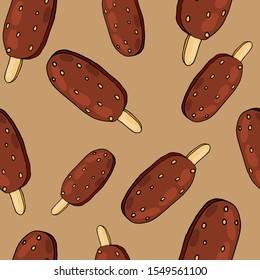 Chocolate ice cream seamless pattern with nuts. Ice cream in chocolate. Abstract cute print on a light brown background. Cold dessert.