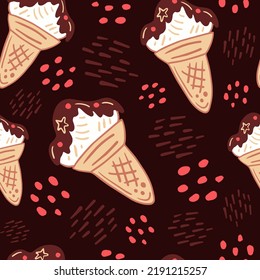 Chocolate ice cream seamless pattern doodle style. Cute hand drawn repeat dessert vector illustration in trendy cartoon style. Greeting festive wrapping paper packaging concept design