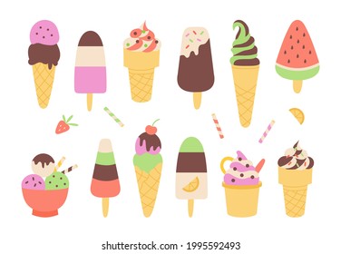 Chocolate ice cream set. Kawaii cartoon style. Perfect for stickers, prints or cards. Vector illustration.