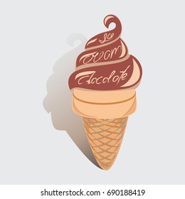  Chocolate ice cream with shadow and lettering. Label. Emblem. Composition on a light background. Print design on paper and design of packaging materials.