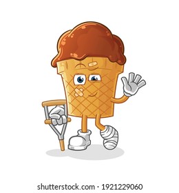 chocolate ice cream sick with limping stick character. cartoon mascot vector