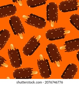 Chocolate ice cream sprinkled with pieces of nuts with wooden sticks pattern on a light brown background
