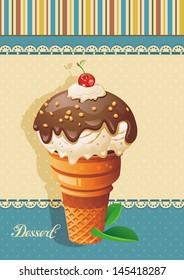 Chocolate ice cream stand on polka dot, detailed vector illustration. Abstract Elegance food background