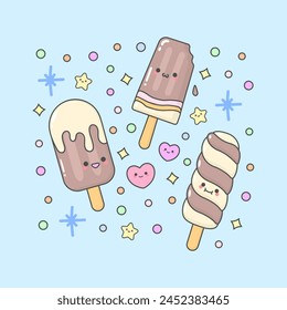 Chocolate Ice Cream stick with cute facial expressions and pastel colour