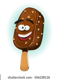 Chocolate Ice Cream Stick/
Illustration of an appetizing cartoon ice cream stick character, happy and smiling with crispy chocolate coat and nuggets