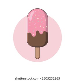 Chocolate Ice Cream with Strawberry Topping and Sprinkles Vector Illustration. Choc Ice. Ice Cream Sticks. Delicious Summer Dessert.