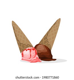 Chocolate ice cream and strawberry ice cream upside down.ground with ice cream cone on top.Vector illustration isolated on white.Vector illustration isolated on white.
