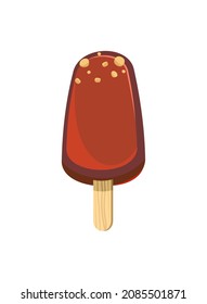 Chocolate ice cream. Summer food sweet dessert. Flat design. Nuts. Popsicle on a stick. The object is isolated on a white background. Illustration Vector