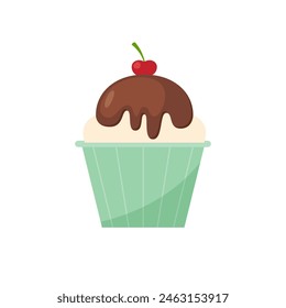 Chocolate Ice Cream Sundae with whipped cream and cherry on top illustration. Ice cream sundae icon isolated on a white background.