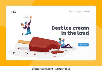 Chocolate Ice Cream Sweet Dessert Landing Page Template. Tiny Happy Characters Eating Huge Ice Cream Popsicle on Wooden Stick and Icecream Scoop Balls in Bowl. Cartoon People Vector Illustration