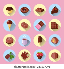 Chocolate ice cream sweet food bar flat icons set isolated vector illustration