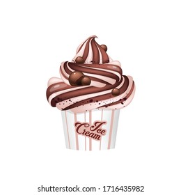 Chocolate ice cream, sweet milky dessert realistic vector illustration. Frozen sugary snack, dairy product portion. Creamy sundae, refreshing dessert 3d isolated object on white background