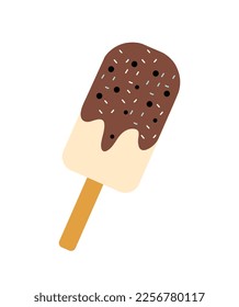 Chocolate ice cream. Sweetness, dessert and delicacy, gourmet. Sugar products and cold food. Poster or banner for website. Ice cream in glaze on stick. Cartoon flat vector illustration