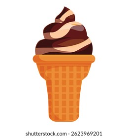 Chocolate ice cream with swirls melting in a crispy waffle cone, a sweet summer treat