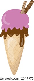 Chocolate ice cream with topping strawberry cream and wafers illustration