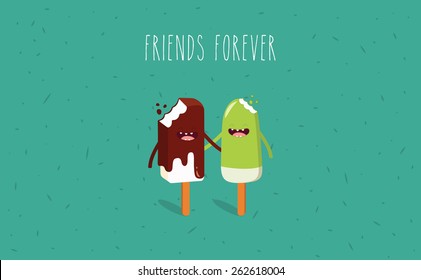 Chocolate ice cream. Vector cartoon. Friends forever. Comic characters. You can use in the menu, in the shop, in the bar, the card or stickers. Easy to edit.