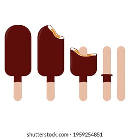 Chocolate ice cream vector set in 5 stages including half and stick. Isolated on white. Flat design