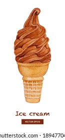 Chocolate ice cream waffle cone. Watercolor illustration on texture paper. Vintage style. Vector.
