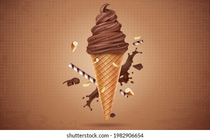 helado de chocolate en un cono de gofre con salpicadura de chocolate e ilustración vectorial de trozos