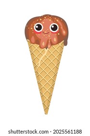 Chocolate ice cream. In a waffle cone. Summer food sweet dessert. Flat design. Nuts. Cartoon funny character. The object is isolated on a white background. Illustration Vector