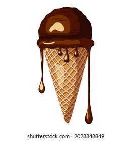 Chocolate ice cream in waffle cone. Dipped ice cream with dripping chocolate icing 