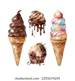 Chocolate ice cream waffle cone, Watercolor drawing, isolated on white. Vector.