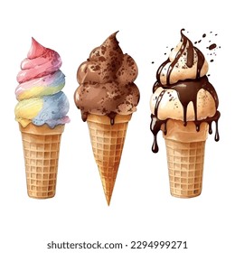 Chocolate ice cream waffle cone, Watercolor drawing, isolated on white. Vector.