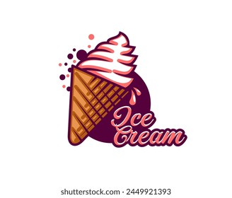 Chocolate ice cream in waffle cone icon for gelato dessert or gelateria, vector emblem. Soft ice cream in wafer cone with sweet chocolate syrup drops for Italian gelato and ice cream shop or cafe menu