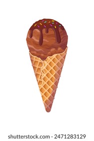 Chocolate ice cream in a waffle cone with topping and colorful Rainbow Sprinkles. Summer cold dessert. Delicious crispy soft sweets, realistic food illustration. For menu, cafe, stickers, design