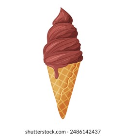 Chocolate ice cream in a waffle cone. Delicious dessert Cool refreshing dessert. Hand drawn flat style isolated cheerful and summery appearance, whipped frozen chocolate cream. Vector illustration