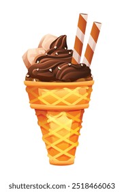 Chocolate ice cream in a waffle cone, topped with marshmallows and wafer sticks. Vector cartoon illustration