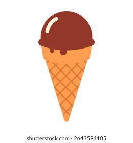Chocolate ice cream in a waffle cone. For summer, dessert, sweet treats, and vacation concepts. Flat vector. Isolated on white background.