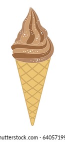 Chocolate ice cream in waffle cone isolated on white background. Vector illustration.