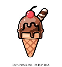Chocolate Ice Cream in a Waffle Cone.There's a cherry on top.Vector illustration isolated on white background.