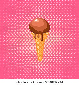 Chocolate ice cream in a waffle cup. The background of pop art. Vintage background. Sweet confectionery.Isolated icon of dessert. Vector

