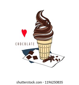 Chocolate ice cream in a waffle cup. Pieces of chocolate, cinnamon, anise, coffee beans and chocolate chips. Hand drawn vector illustration.