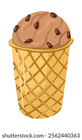 Chocolate ice cream in a waffle cup. Summer dessert. Vector.