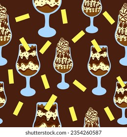 Chocolate ice cream with waffles seamless vector repeat pattern. Chocolate with vanilla ice cream and waffles seamless vector repeat pattern.  Good for fabric, textile, decoration, wrapping and more.