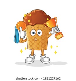 chocolate ice cream winner with trophie and medal vector. cartoon character