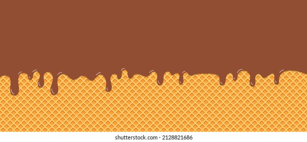 Chocolate ice-cream melted on waffle background. Vector Illustration