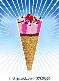 Chocolate ice-cream on blue line background.