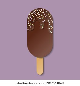 Chocolate ice-cream Popsicle with colorful sugar flat icon vector. Paper Style