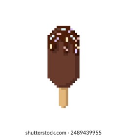 Chocolate ice-cream Popsicle with colorful sugar flat icon vector. Pixel 8bit style