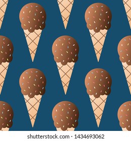 Chocolate ice-cream seamless pattern vector illustration. Ice cream in a waffle cup seamless background, pattern for textile, fabric, wrapping paper, wallpaper, packaging. Vector EPS 10.